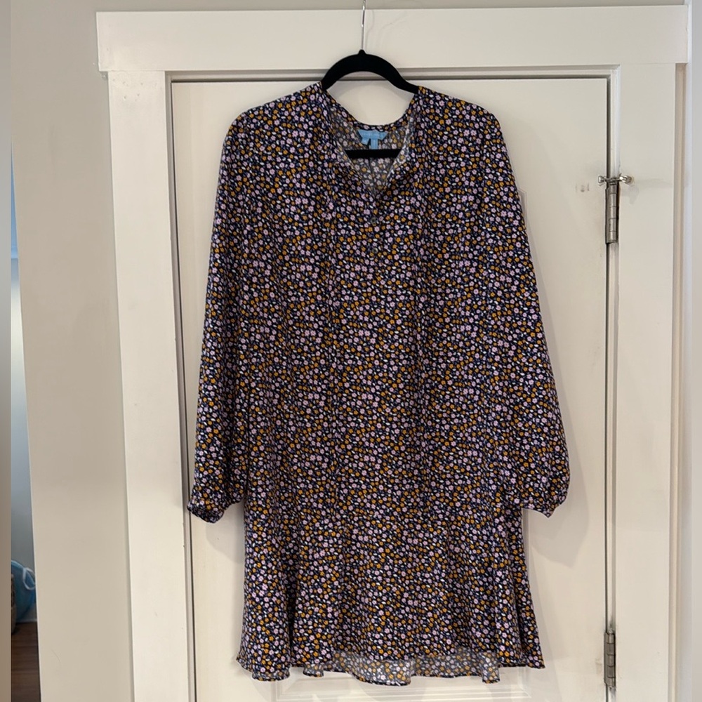 Draper James Navy Floral Drop Waste Tie Neck Dress